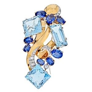 Seaman Schepps 14K Yellow Gold Aquamarine, Diamonds Brooch
